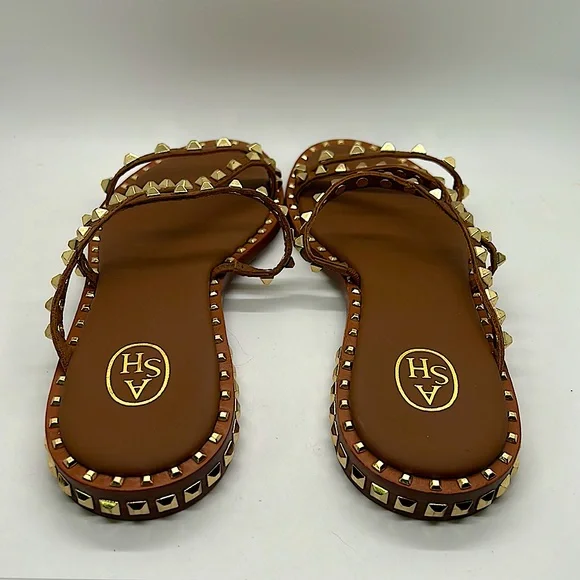 ASH Leather Brown Gold Metal Studded Flip Flop Shoes **Size 37/US Size 6.5-7** - Picture 3 of 5